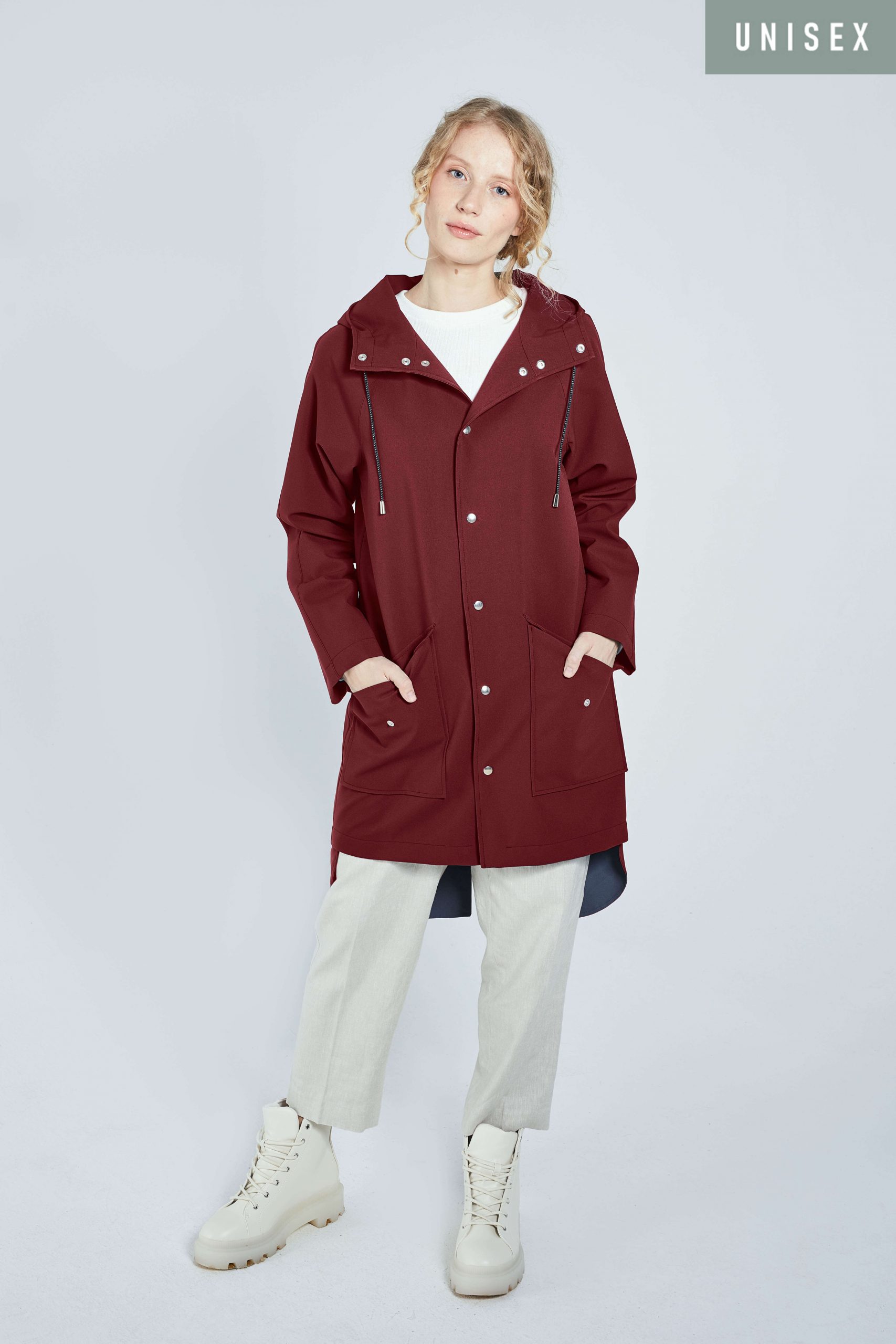 burgundy raincoat